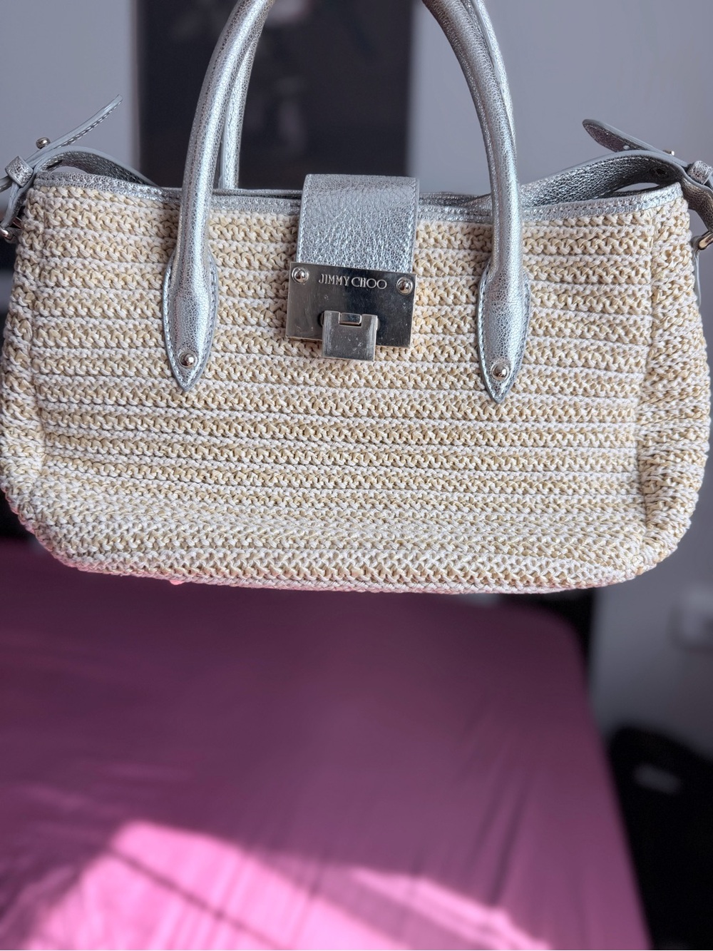 Jimmy Choo Cream Raffia Satchel with Silver Metallic Handles